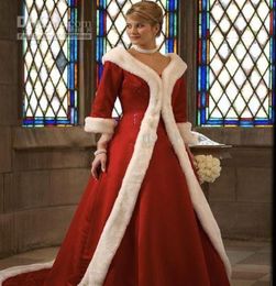 New Long Sleeves Cloak Winter Ball Gown Wedding Dresses Red Warm Formal Dresses For Women Fur Appliques Christmas Gown Jacket 8749431