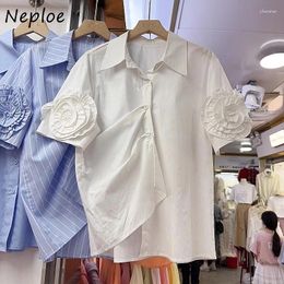 Women's Blouses Neploe 2024 Summer Shirts Women Fashion Vintage 3d Flower Short Sleeve Y2k Lapel Neck Single Breasted