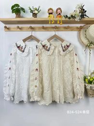 Women's Blouses Mori Women Embroidered Doll Collar Cartoon Cotton Long Sleeve Top Shirt