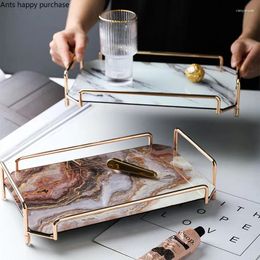 Decorative Figurines Nordic Marbling Storage Tray Glass Dessert Plate Rectangle Grocery Tea Set Organise Disc Metal Frame Handle Removable