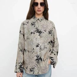 Women's Blouses 2024 Early Spring Women Vintage Print Sandwashed Silk Long-sleeved Shirt