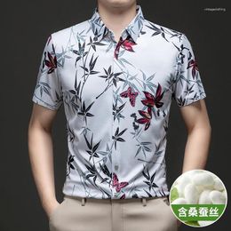 Men's Casual Shirts High Quality Mulberry Silk Printing Clothes 2024 Summer Fashion Flowers Printed Male Short Sleeve Floral