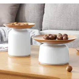 Storage Bottles White Ceramic Jar Round Shape Wood Dried Fruit Plate Multi-function Tank Tray Snack Decorative With Lid