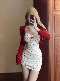 Work Dresses Korean 2 Piece Dress Sets Women Casual Knitted Short Cardigan Outwear Elegant Sweet Floral Strap Mini Chic 2024 Spring