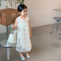 Summer Toddler Girl Dress Korean Lace Floral Printed Babys Sundress Hollow Spliced Sleeveless Bubble Infant 240322