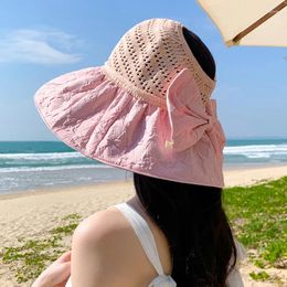 Wide Brim Hats Sunscreen Hat For Women In Summer Black Rubber Bow Sunshade Fisherman UV Resistant Big Face Blocking Sun