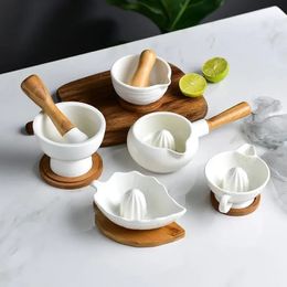 Ceramic Products Manual Wooden Handle Garlic Press Kitchen Tool Garlic Masher Household Seasoning Grinding Jar Wholesale