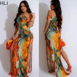 Party Dresses HLJ Spring Tie Dye Printing Off Shoulder Slit Women Backless Bodycon Club Vestidos Fashion Female Slim Clothes