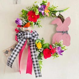 Decorative Flowers Easter Door Decoration Wreath Rustic Wooden Sign Rattan With Bow-tie Reusable Hanging For