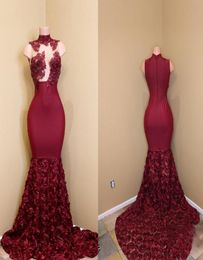 Exquisite Burgundy Mermaid Prom Dress 2018 High Neck Sheer Applique Lace Top Handmade Flower Bottom Zipper Back Long Train Evening9769967