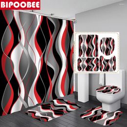 Shower Curtains Red Grey Modern Wavy Line Bathroom Sets Black White Curtain Toilet Lid Cover And Bath Mat Non-Slip Rugs Home Decor