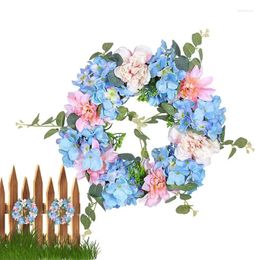 Decorative Flowers Hydrangea Wreaths For Front Door Spring Wreath 12 Inches Blue White Pink Artificial Summer Farmhouse Floral Flower