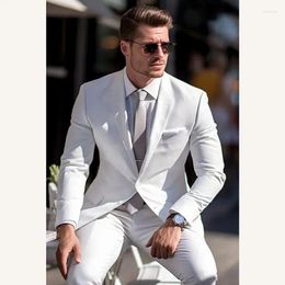 Men's Suits Elegant White Men Slim Two Piece (Jacket Pants) Chic Business Casual Office Clothing Fashion Wedding Groom Tuxedo