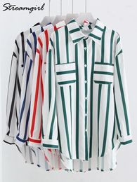 Women's Blouses Streamgirl Green Striped Shirt For Women Oversize Long Sleeve Black Stripe Elegant Shirts Loose Top 2024