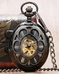 Bronze Vine Pocket Watch Hollow Out Case Golden Roman Numerals Handwinding Mechanical Clock for Men Women Pendant Chain7306015
