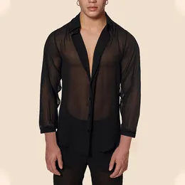 Men's Casual Shirts Fashion Streetwear Sexy Deep V Neck See Through Mesh Shirt For Men Summer Lantern Sleeve Tops 2024 Clothing