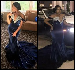 Dark Blue Velvet Mermaid Dresses Evening Wear Beaded Off The Shoulder Deep V Neck Prom Gowns Appliqued Sweep Train Formal Dress7850438