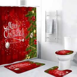 Shower Curtains 4pc Christmas Curtain Set With Rug Xmas Tree Decor Ball Green Pine Branches Year Festive Theme Polyester Bathroom Mat