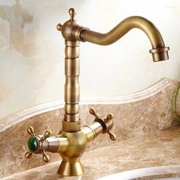 Bathroom Sink Faucets Basin Antique Brass Faucet Natural Emerald Tap 360 Degree Swivel Spout Double Handle Bath Kitchen Mixer