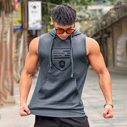 Hooded Print Cotton Gyms Clothing Mens Bodybuilding Tank Top Sleeveless Vest Sweatshirt Fitness Workout Sportswear Tops Male240402