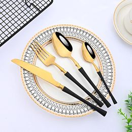 Flatware Sets 4Pcs Black Gold Cutlery Set Stainless Steel Mirror Dinnerware Knife Fork Tea Spoon Dinner Kitchen Tableware