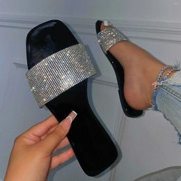 Slippers Women's Rhinestone Wide Strap Square Toe Flip Flops Flat Sandals Ladies Shoes Female Bling Luxury