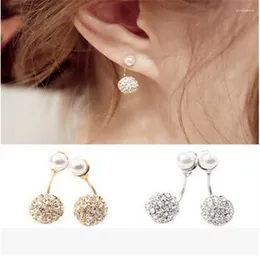 Stud Earrings Jewellery Fashion Cute Compact Pearl Ear Women Girl Double Ball Alloy Crystal Earring Chic Gift For Lady Free