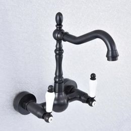 Bathroom Sink Faucets Oil Rubbed Bronze Dual Handles Kitchen Wall Mounted Swivel Spout Two Holes Mixer Taps Nsf706