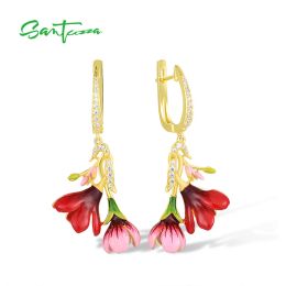 Earrings SANTUZZA 925 Sterling Silver Dangling Earrings For Women Sparkling White Cubic Zirconia Red Flower Fine Chic Jewellery Enamel