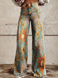 Women's Jeans Fashionable Floral High Waist Wide Leg Pants Loose Thin Imitation