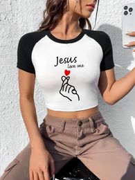 Women's T Shirts Summer Street Fashion Casual Raglan Short Sleeves T-shirt O-neck Clothing Tops Jesus Loves Me Print Female Shirt