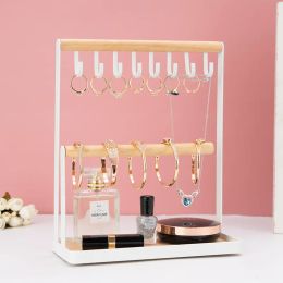 Display Jewellery Display Stand Holder with Wooden Ring Tray and Hooks Storage Necklaces Bracelets, Rings, Watches