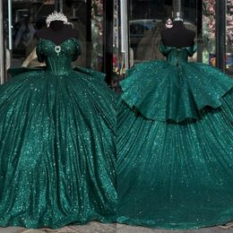 Dark Green Princess Dresses Ball Gown Off Shoulder Glitter Sequins Diamond Vestido De Quinceanera Bodice Sweet Masquerade Dress