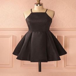 Vintage ALine Halter Satin Short Black Homecoming Dress with Pockets Vestido De Festa Sexy Spaghetti Straps Cheap Formal Gowns fo4354876