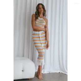 Work Dresses Striped Cropped Bandage Vest Tassel Skirt Knit Set Sexy Sleeveless Halter Crochet Lace Up Tank Tops 2 Piece Suits Holiday
