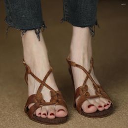 Dress Shoes Summer Sandals PeepToe Retro Women Cow Suede Leather French Styule High Heel 6.5CM Handmade Vingtage
