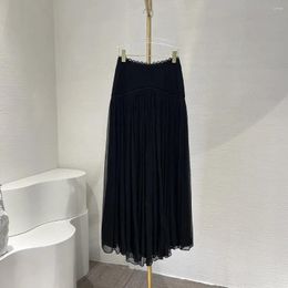 Skirts 2024 Spring Summer Black High Waist Pleat Women Casual Long Skirt