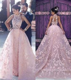 Vintage Pearl Pink Full Lace Formal Evening Dresses With Train Keyhole Back Plus Size See Through Special Occasion Prom Gowns2299854
