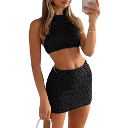 Work Dresses Summer Pool Party Swimsuits Womens White Swimwear Halter Neck Backless Bag Hip Knitted Skirt Beach Cover-ups Suit