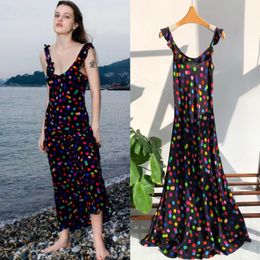 Colourful Polka Dots French Printed Diagonal Cut Silk Small Flying Sleeves Large Hem Dress Elegant Suspender Long 240329