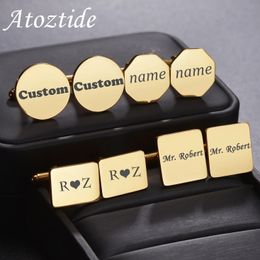 Atoztide Personalised Custom Name Cufflinks for Men Shirt Cuff Buttons Round Square Engrave Letter Jewellery Wedding Gifts 240403