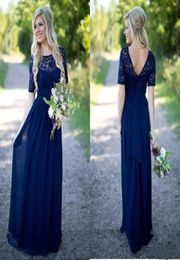 Boho Lace Cheap Bridesmaid Prom Dress Navy Blue Backless Jewel Neck Illusion Short Sleeves Chiffon Empire Long Wedding Party Guest7089691