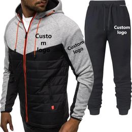 Men's Tracksuits Custom LOGO Tracksuit Patchwork Zipper Hooded Cardigant Sweatpants 2Pieces Set Autumn Winter Fitness Male Jogging Suit