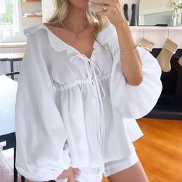 Women's Blouses Cotton Linen Shorts Sets V-Neck Long Lantern Sleeve Lace-up Casual Shirts Loose Fashion Office Lady Style Solid Pant Suit