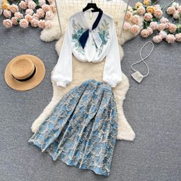 Work Dresses Elegant Embroidery Flower Two Piece Set Womens Outfits Floral Sequined Bow Collar Blouse Shirt Blue Jacquard Midi Skirt Suits