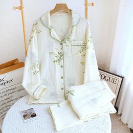 Home Clothing 2024 Japanese Spring/Summer Women's Pajama Set Cotton Crepe Furnishings Flip Collar Printed Long Sleeve Ladies