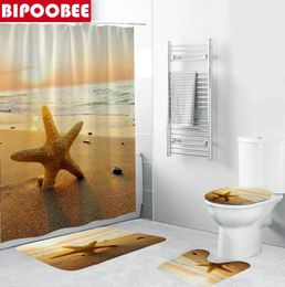 Shower Curtains Dusk Ocean Beach Curtain Sunrise Coastal Scenery Bath Mat Set Toilet Lid Cover Non-Slip Rugs Starfish Bathroom