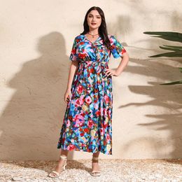 Ethnic Clothing 2024 Summer Women Plus Size Floral Print Chiffon Short Sleeve Long Maxi Dress Bohemian Holiday Party Sundress Gown Femme