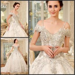 Dresses Bling Swarovski Crystal Ball Gown Wedding Dresses Lace Beaded Tulle Off the Shoulder Lace Up Court Train Diamond Bridal Gowns Cust