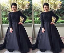 Modest Muslim Evening Dress Black Bateau Neck Long Sleeve Lace Top Prom Party Gowns Cheap High Quality Formal Wear with Sweep Trai5512220